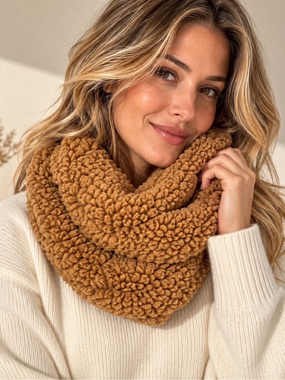 Cozy Teddy Sherpa Infinity Scarf Neck Warmer – Camel